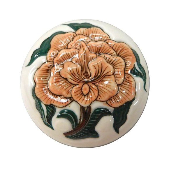 Vintage Round Trinket Ring Box Raised Flower Hand Painted 3-1/8" - Picture 2 of 5
